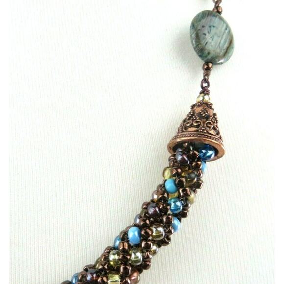 Statement Necklace Turquoise Howlite Beryl Color Copper Tone Metal Ornate Beads - Picture 4 of 12